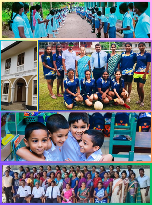 Kahaduwa National School: students lined up outdoors, school building, girls' sports team, happy preschool children, and group photo of staff and students.